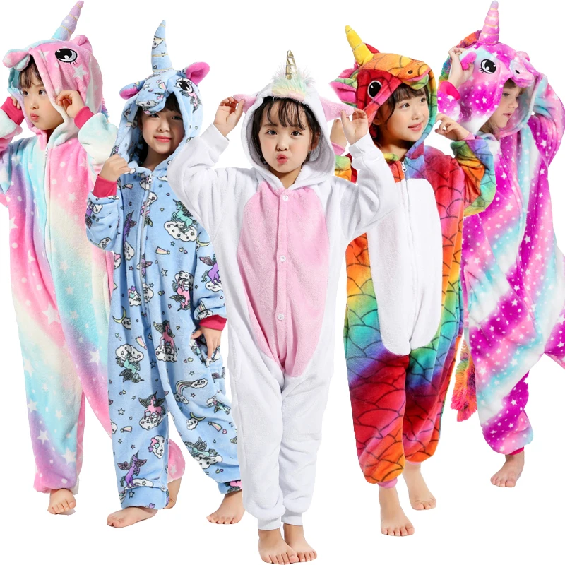 Boys Girls Flannel Star Unicorn Pajamas Kugurumi Overalls Jumpsuit Kids Children Licorne Panda Cosplay Costume Blanket Sleepers