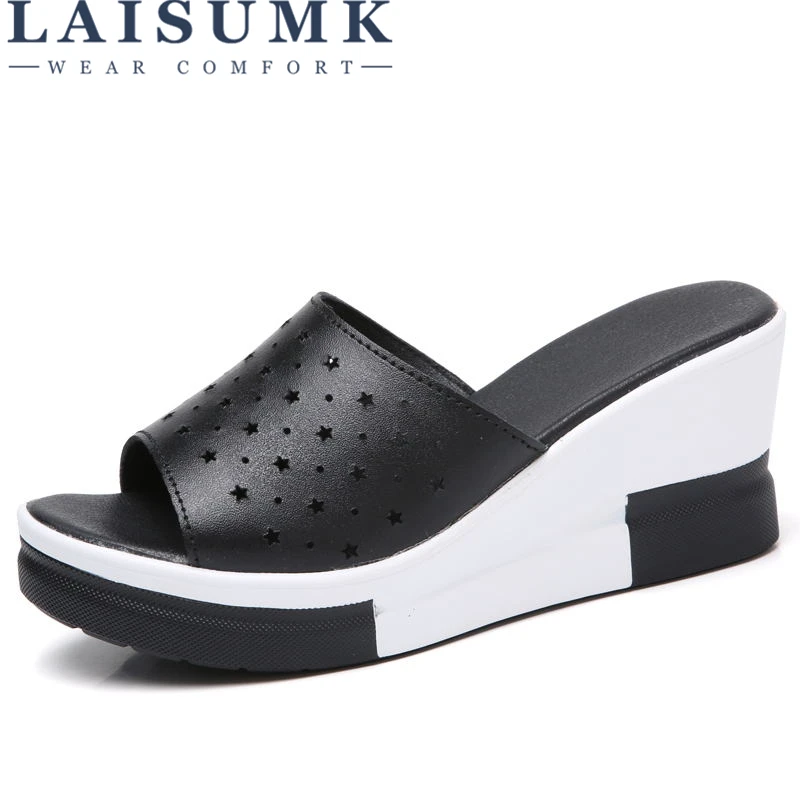 

2019 LAISUMK Summer Sandals Split Genuine Leather Beach Wedges Slides Slip On Casual Creepers Platform Sweet High Heels Slippers