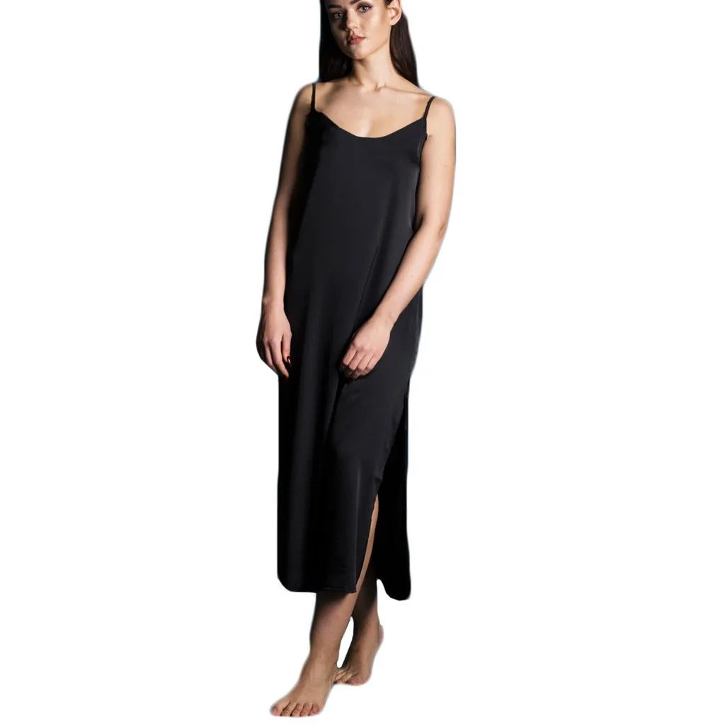 Сексуальное Ночное Платье размера плюс, шелковое атласное ночное белье, женская ночная рубашка, женские Спальные платья, Повседневная Свободная Домашняя одежда с разрезом - Цвет: Черный