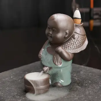 

Ceramic Lucky Wealth Pee boy Smoke Backflow Cone Holder Incense Burner & 7 CONES