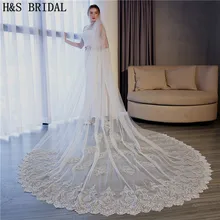 H& S, новая вуаль для невесты, 3,5 м, вуаль, однослойная кружевная кромка, цвет слоновой кости, Соборная свадебная вуаль, Длинная свадебная вуаль, дешевая, Veu de Noi longo
