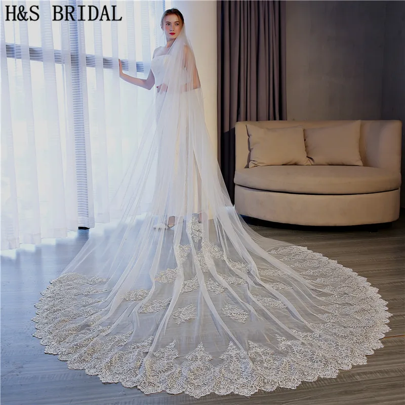 

H&S Bridal New Voile 3.5M veil One Layer Lace Edge Ivory Cathedral Wedding Veil Long Bridal Veil Cheap Veu de Noi longo