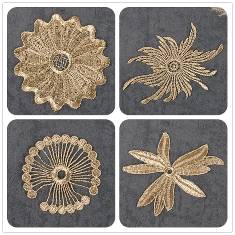 Аппликация из венецианского кружева с золотистой вышивкой 5 шт.|lace applique|flower lace