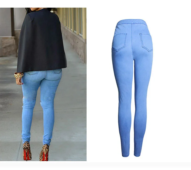 2017 Europe and the United States high waist stretch Slim thin pencil pants pure color hole feet women's jeans women (7)