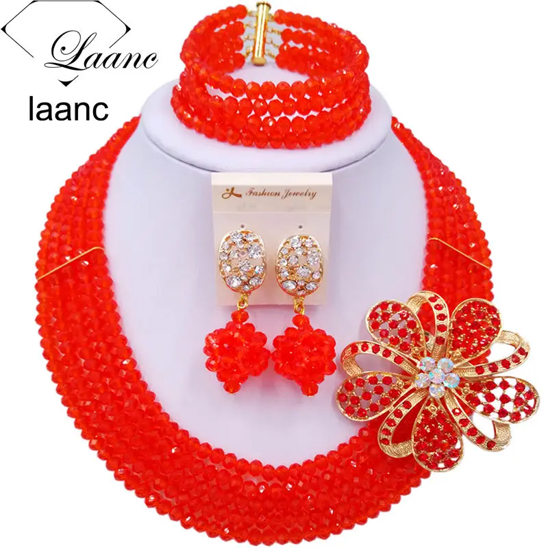 

Laanc Handmade Red Crystal Beaded Necklace Nigerian Wedding African Beads Jewelry Set for Women 5DS011