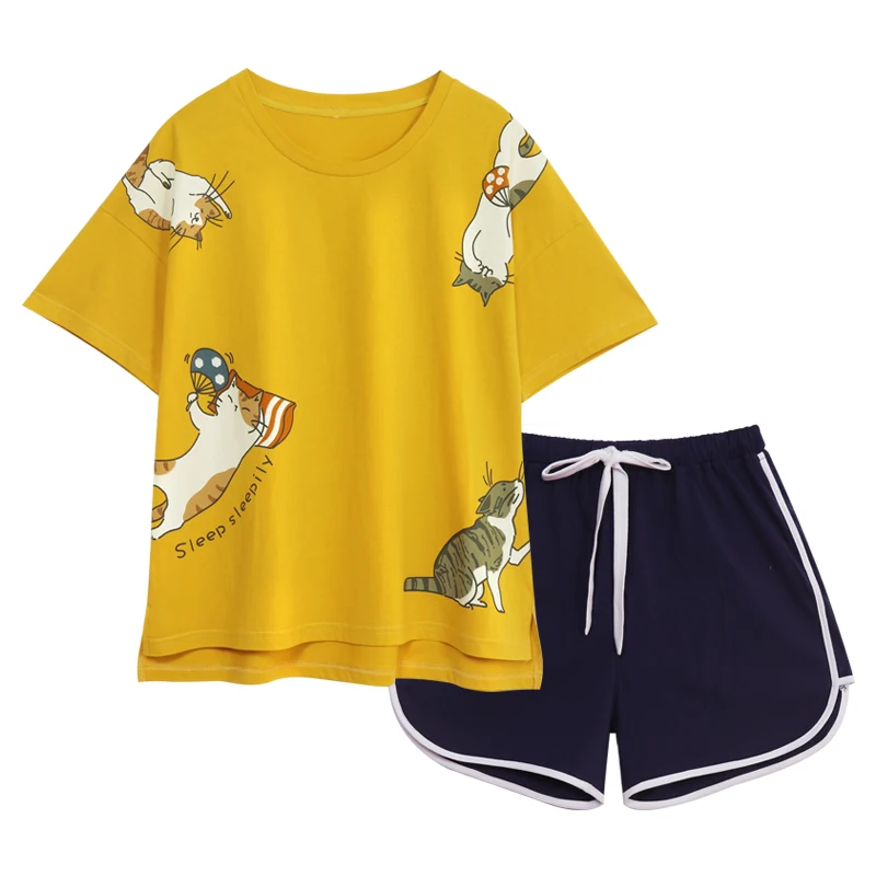 

XXL Pajama Set Women Animal Cat Short Sleeve Short Pants Pajamas Set Soft Sleepwear Female Pyjama Set Summer Home Wear
