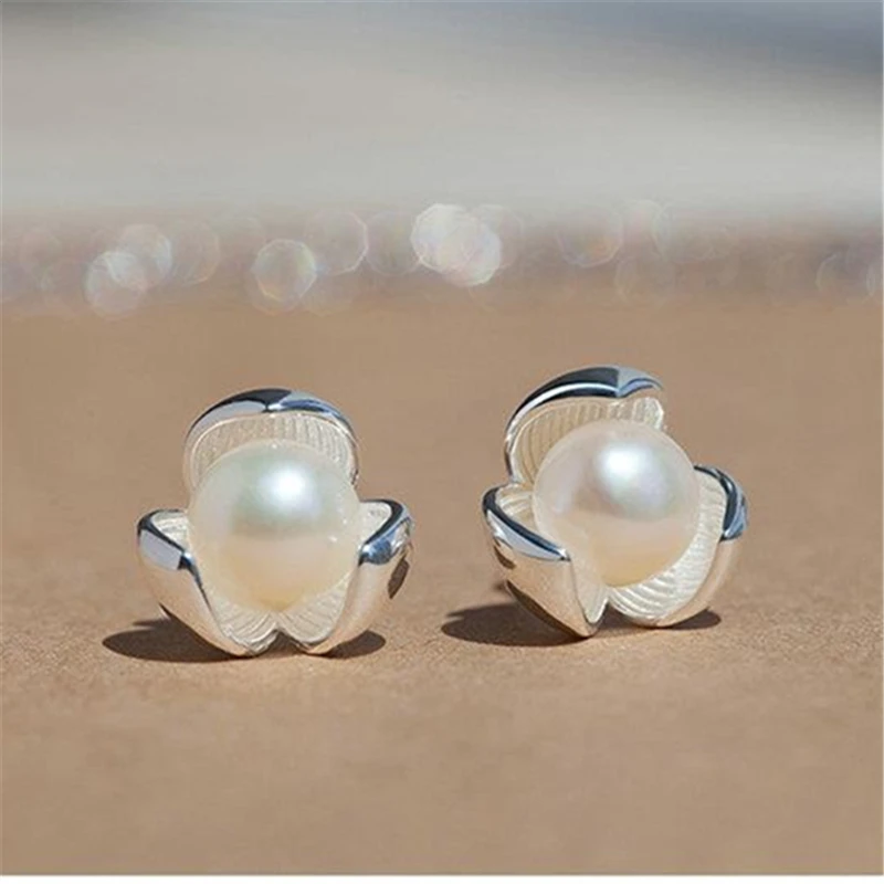 925 пробы серебряные серьги с цветком и жемчугом для женщин, серьги-гвоздики для девушек, гипоаллергенное Стерлинговое серебро, ювелирные изделия EH629