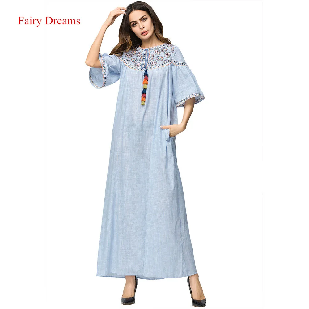 Для женщин мусульманские Abayas вышивка голубое летнее длинное платье Кафтан
