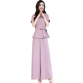 

2018 Summer Women Two-piece High Waist Wide Leg Pants Lady Celebrity Style Pink Black Beige Loose Long Pants Femal Suit AA242