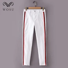 

WOSU Women High Wasit Jeans Striped Printed White Jeans Ankle-Length Denim Pants Straight Leg Jeans BB258