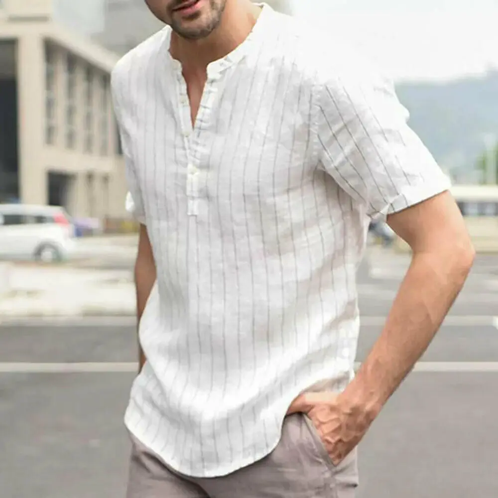 Hot Summer Men s Shirts Linen V Neck Short Sleeve Striped Basic Pullover Gray Slim Tee 4