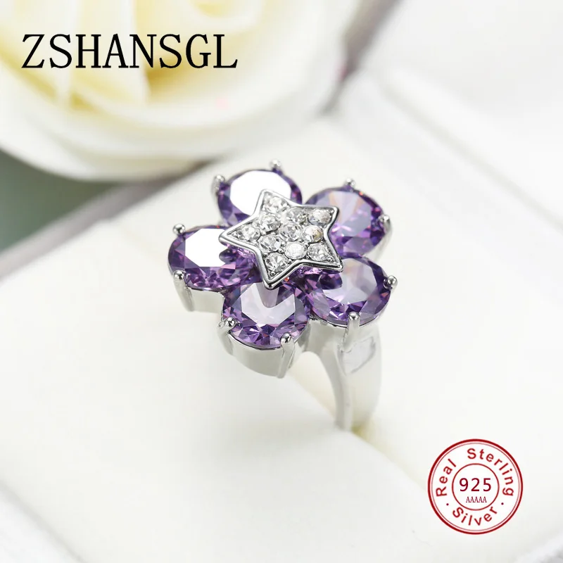 

Genuine 925 Sterling Silver Flower Shaped Forever Clear Purple CZ Five-star Point Finger Rings for Women Jewelry Christmas Gift