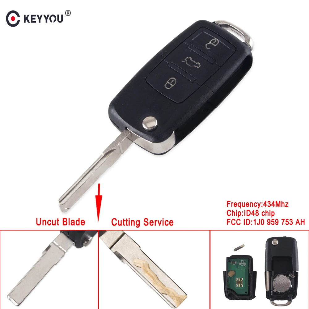 KEYYOU 3 Button Folding Flip Remote Key 434Mhz ID48 Chip For VW Volkswagen Beetle Golf Passat Polo FCCID 1J0 959 753 AH Car Key