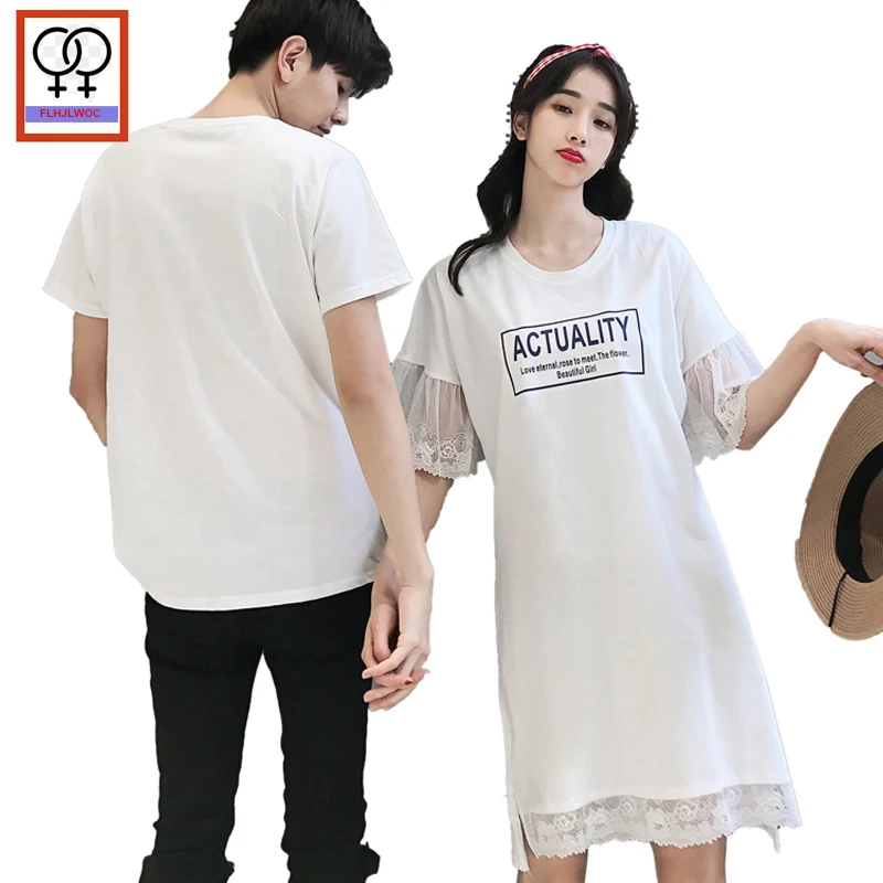 

Matching Couple Clothes Boyfriends Girlsfriend Short Sleeve Casual Dresses Valentine's Letter White Patchwork Lace T Shirt Dress