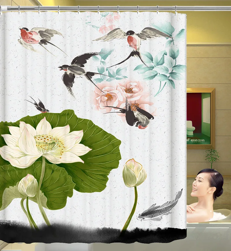 

Polyester Shower Curtain Traditional Chinese Ink Lotus 3D Waterfall Bath Scenery Waterproof Bathroom Curtain Cortina 180x180cm