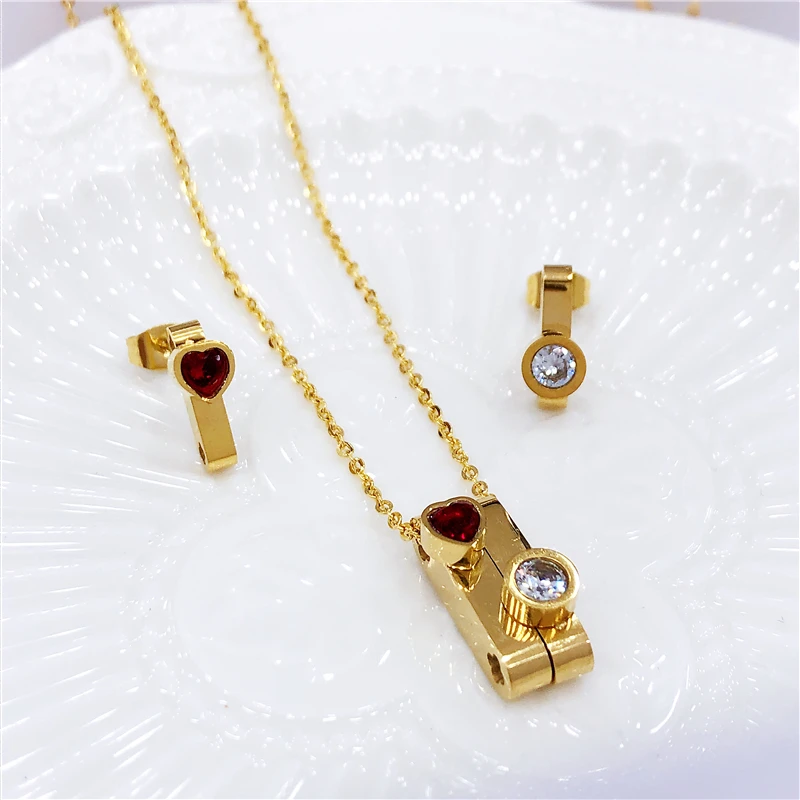 

Stainless Steel Delicate Heart Necklace Earings Love Pendant Jewelry Crystal Zircon Geometric Necklace Woman Wedding Accessories