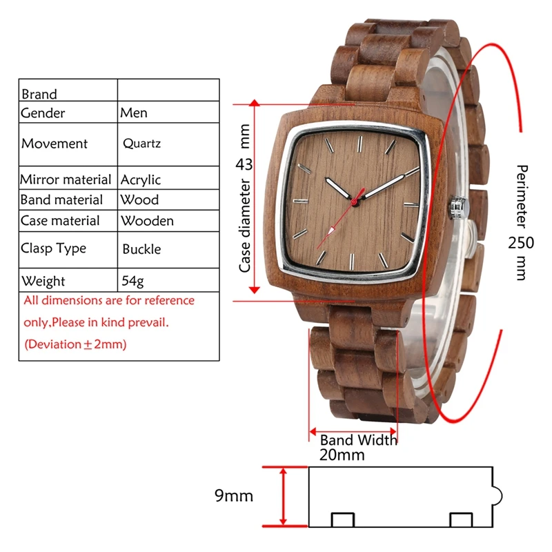 Coffee Brown Wooden Watch for Men Quartz Men s Wood Retro Square Dial Casual Full Wooden 2