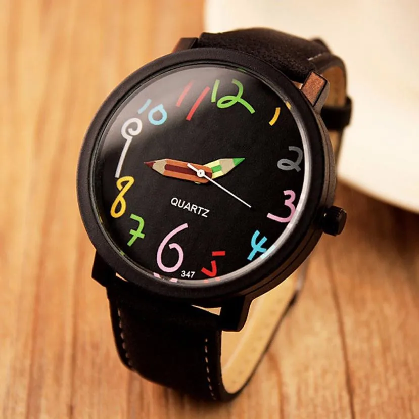 

Free Shipping Watches Women Casual Colorful Numerals Pencil Leather Strap Quartz Wrist Watch 80606