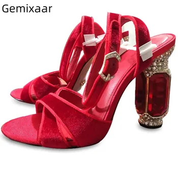 

Mature Velet Chunky Square High Heel Decor Diamond Women Shoes Peep Toe Ankle Buckle Sandalias Elegant Studded Crystal Sandals