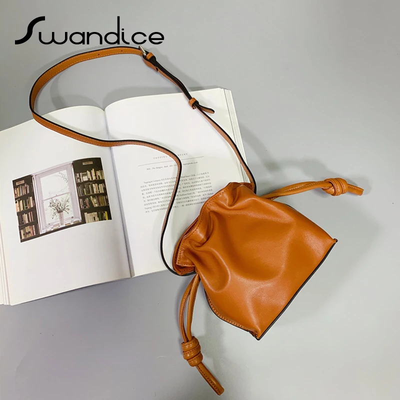 

100% Real Genuine Natural Cow Leather Drawstring Bucket Barrel Crossbody Messenger Shoulder Bags 2019 Women Female Handbag Small
