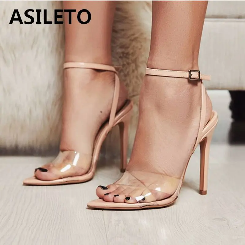 

ASILETO New Open Toe Stiletto High Heel Sandals Crystal clear transparent Ankle Wrap Buckle Women Sandals Red Size 36-41 E088