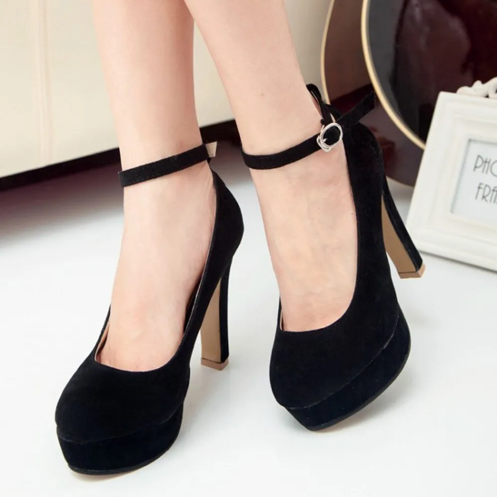 

Spring Women Pumps Flock Sweet Thick High Heels Ankle Strap Female Platform Classic Round Toe Dress Cute Shoes Ladies Footwear