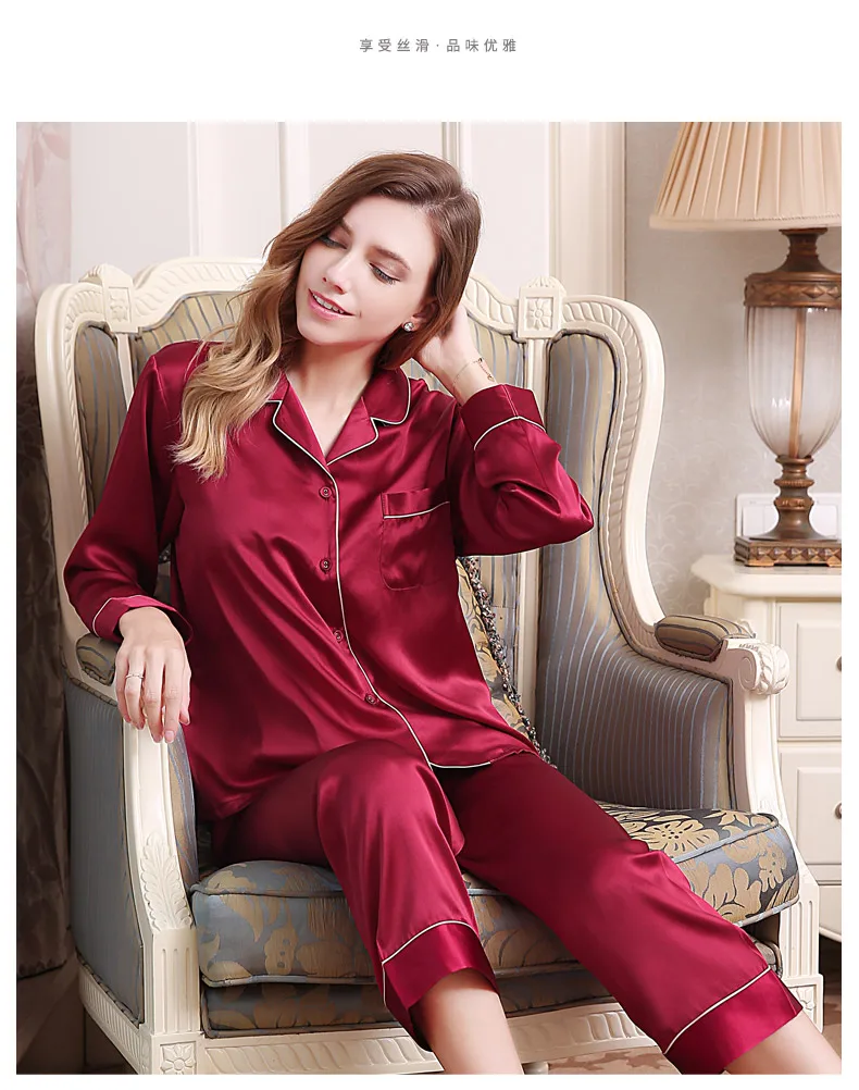 Весеннее Новое поступление, женские пижамные комплекты из шелка, пижама с длинным рукавом, комплект из двух предметов, большой размер, v-образный вырез, "дышащая" Пижама, 6 цветов