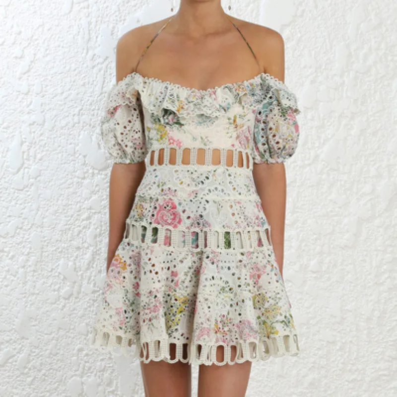 

High End Runway Midi Dress 2019 Summer Sexy Hollow Out Halter Flower Printed embroidered Vacation Beach Dress