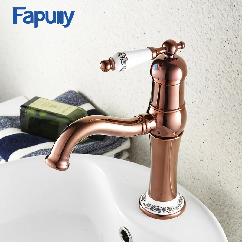 Fapully Rose Golden Finish Bathroom Faucet Single Handle Mixer Tap