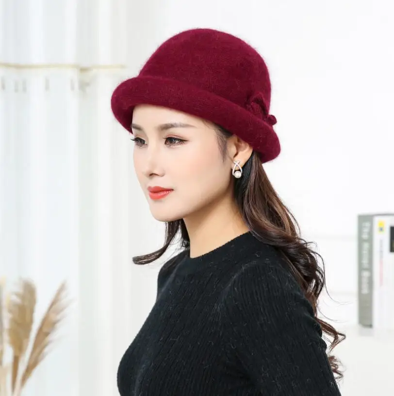 Only hat Новые зимние комплекты для женщин, теплые вязаные цветочные черепа, сплошной цвет, смешанный ворсинки, шапочки из кроличьего меха, мешковатый головной убор шляпа - Цвет: Only hat