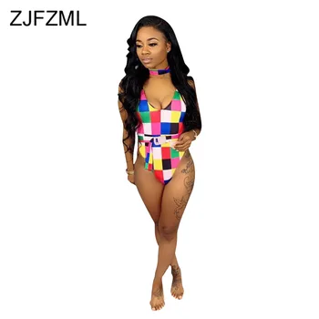 

Rainbow Plaid Print Sexy Skinny Bodysuit Women Deep V Neck Backless One Piece Overall Summer Sleeveless High Waist Beach Romper