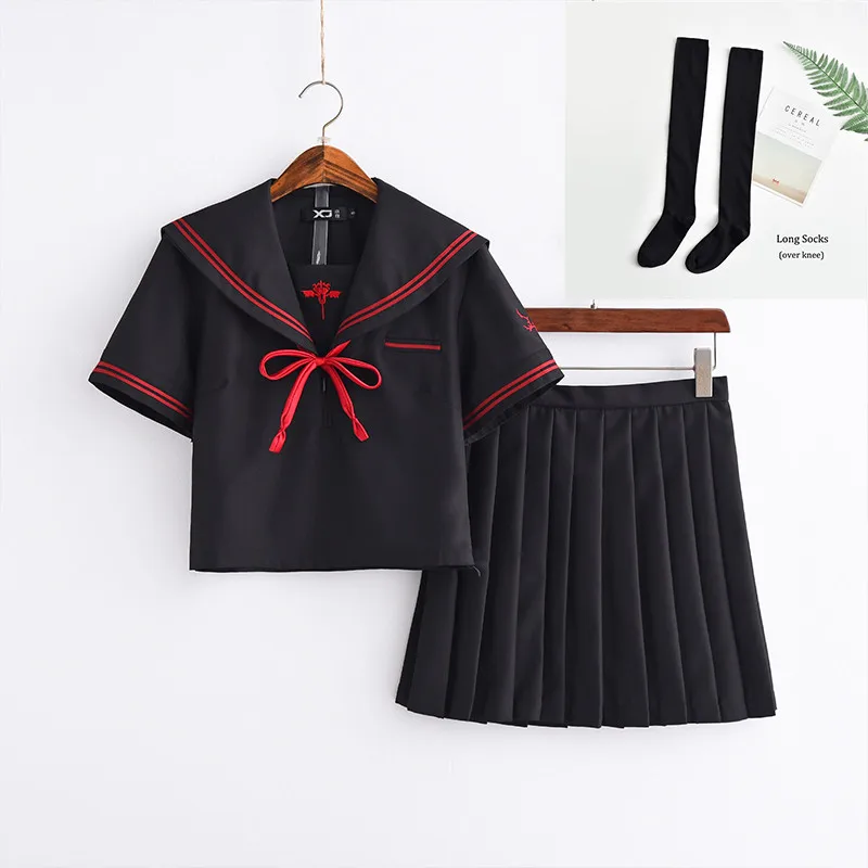 UPHYD Темный демон вышивка японская школьная форма для девочек короткий рукав; моряк Топы+ галстук юбка темно-синий Стиль студентов - Цвет: Short Set With Socks