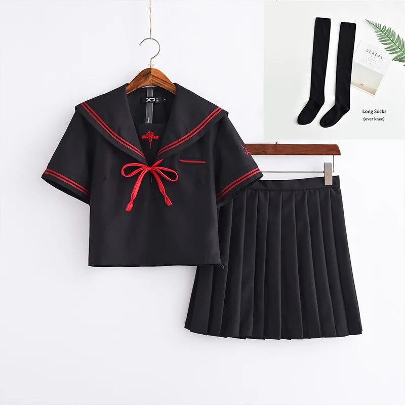 Short Set With Socks UPHYD Темный демон вышивка японская школьная форма для девочек короткий рукав; моряк Топы+ галстук юбка темно-синий Стиль студентов - Цвет: Short Set With Socks