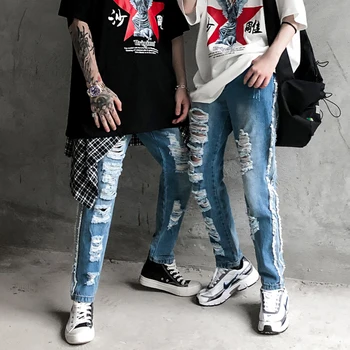 

Hip Hop Hole Jean Men's Fashion Skinny Stretch Denim Straight Pants Male Ripped Freyed Biker Slim Fit Jeans Trouser Size M-3XL