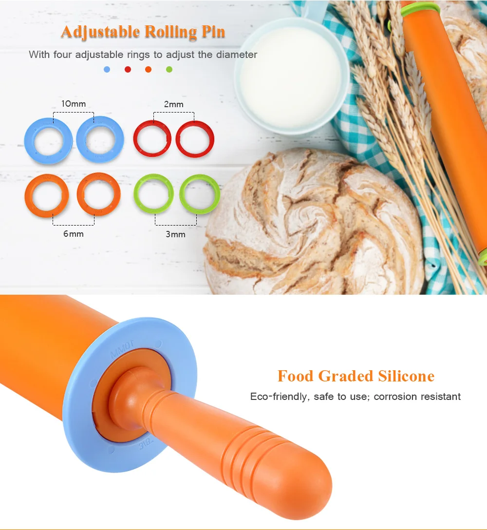 Non-stick Silicone Rolling Pin Dough Roller with adjustable Thickness Rings