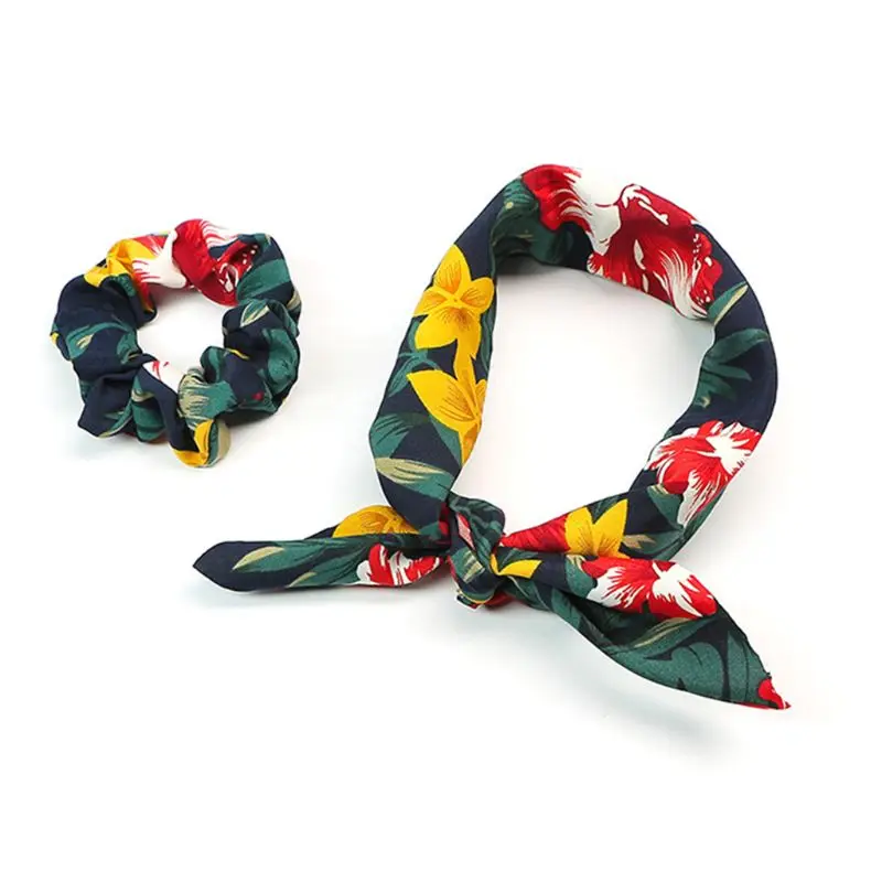 

Tropical Holiday Women Boho Floral Leaf Printing Hair Rope Detachable Ribbon Bowknot Headband Scarf Ponytail Holder Scrunchies