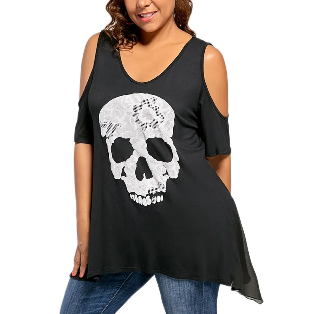 

2018 T-Shirt Womens Casual Plus Size 5XL Skull print hollow Shoulder T shirt summer cool Tops tee xl-5xl
