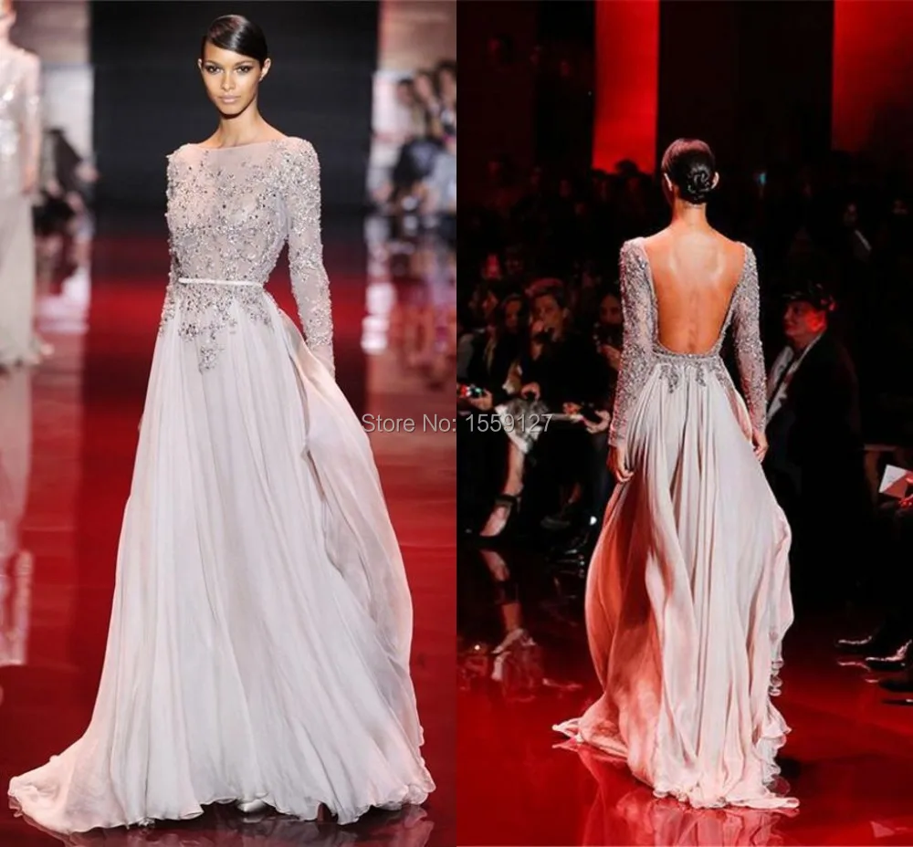  New Elie Saab Celebrity Dresses High Collar Full Sleeve Backless Celebrity With Applique And Beads Red Carpet Dresses C3002 