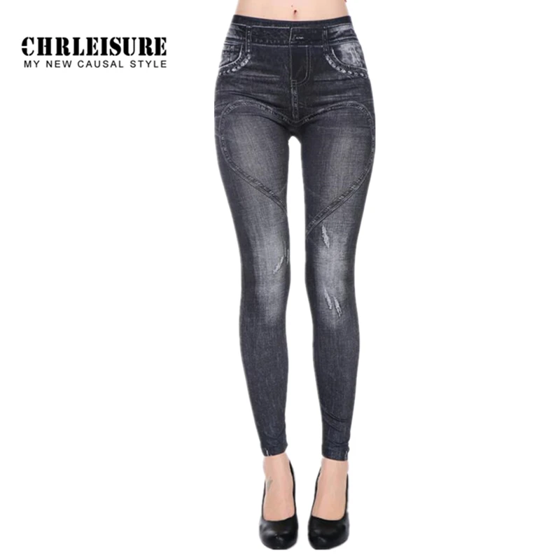 

CHRLEISURE High Elastic Leggings For Women Denim Pants Trousers Vintage Heart Jeans Print Leggings Big Size Summer Pants