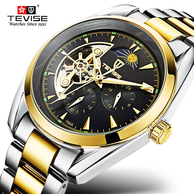 TEVISE Automatic Mechanical Men Watch Tourbillon Self-Wind Leather and Stainless Steel Luxury Gold Wristwatch Hombre TVS04