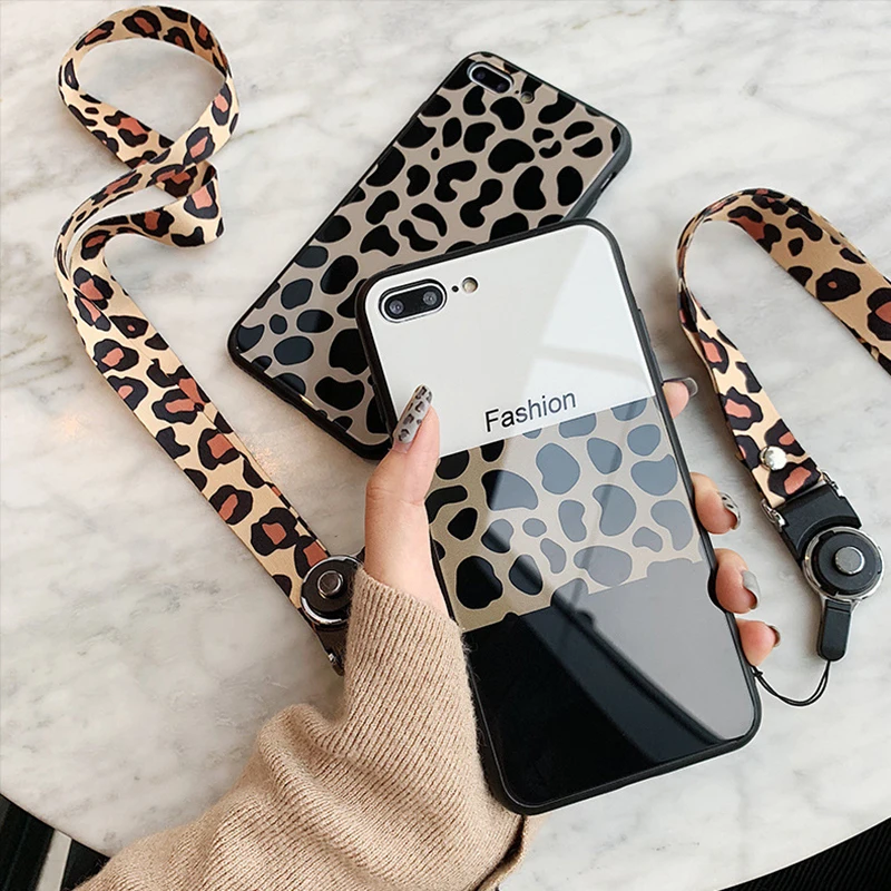 

Tempered Glass Case with Neck Strap Lanyard for iPhone 7 8 plus 7 8 6 6s plus Leopard Print Case for iPhone XS MAX XR XS X Funda