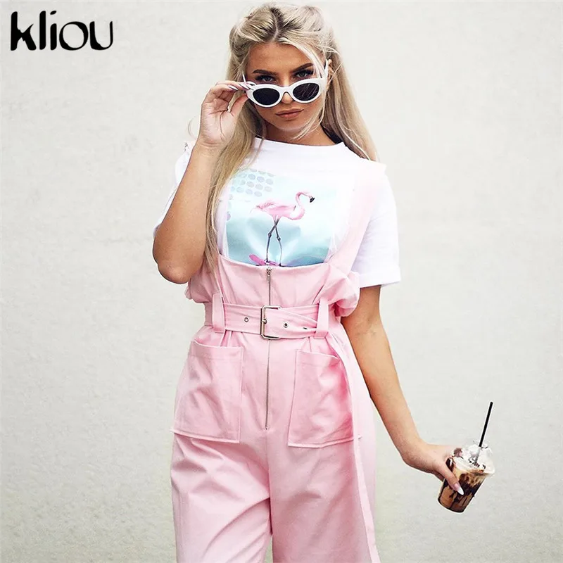 

Kliou Shoulder Strapes Zipper Pockets Wide Leg Pants Pink Solid Jumpsuit 2018 Autumn Winter New Arrivals Fashion Female Jumpsuit
