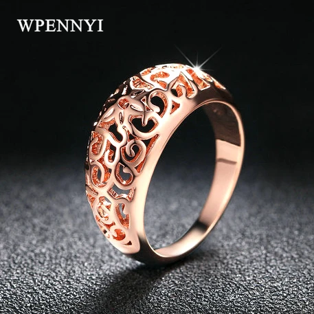 

Rose Gold Color Charm Hollow out Retro Carving Craft Design Woman Finger Rings Wholesale Party Jewelry Anti-allergic