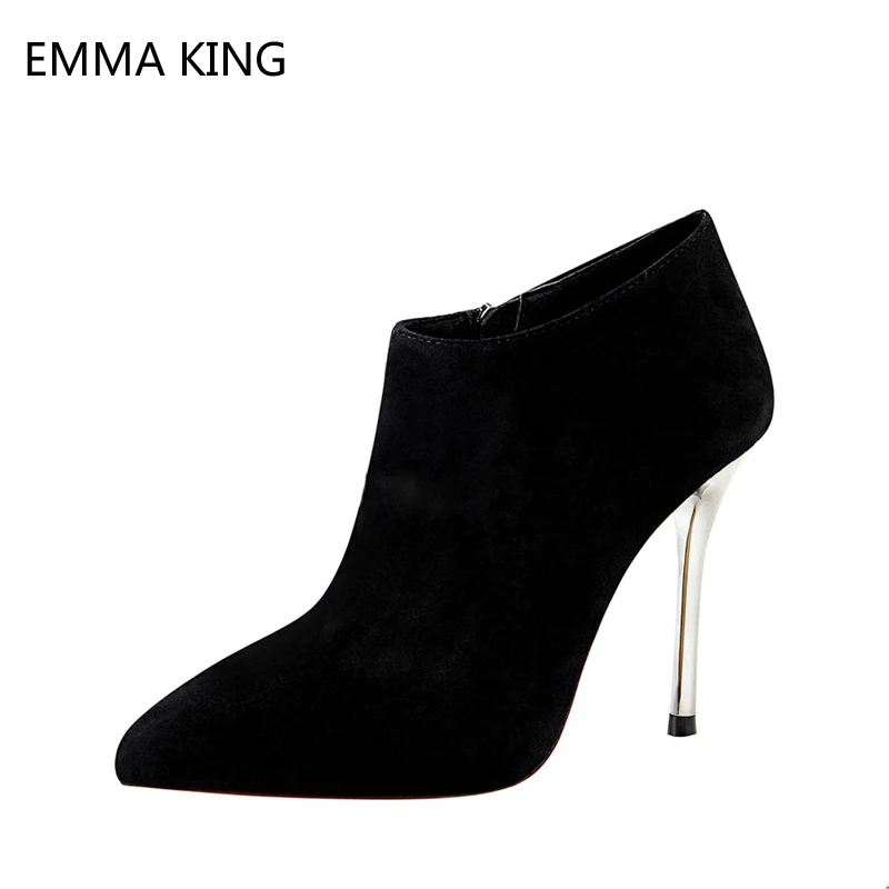 

High Heels Suede Chelsea Booties Pointed Toe Ankle Boots For Women Shallow Black Thin Heels Winter Shoes Zip Up Women Brown