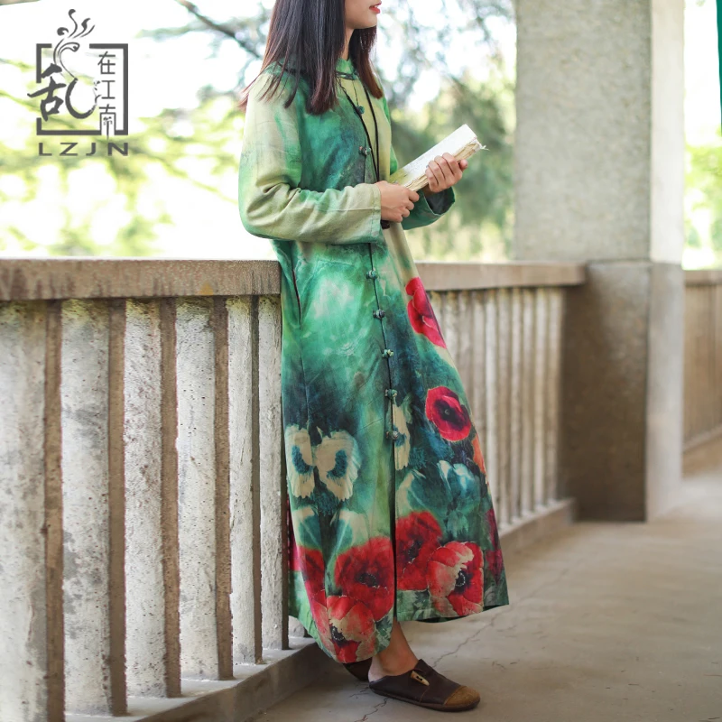 

LZJN Vintage Long Trench Coat 2019 Autumn Floral Print Cotton Women Dress Irregular Buttons Green Overcoat Chic Maxi Windbreaker