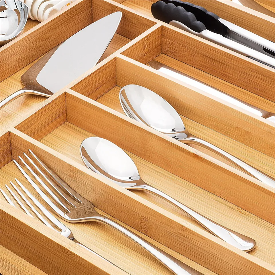 Bamboo Drawer Organizer Multi Use Storage Box Kitchen Accessories