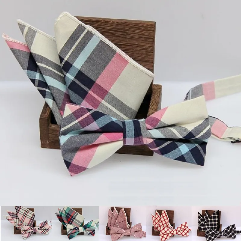 

pink bow tie handkerchief set Check bowknot Classic cotton Jacquard Woven Men Butterfly BowTie Pocket Square hanky Suit 10Sets