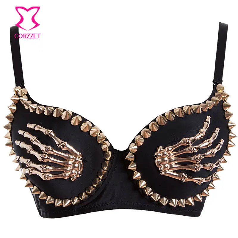 

Plus Size Metal Skeleton Studded B Cup Underwire Bralette Push Up Bra Top 32B - 40B Hot Selling Dancewear Punk Bras For Women