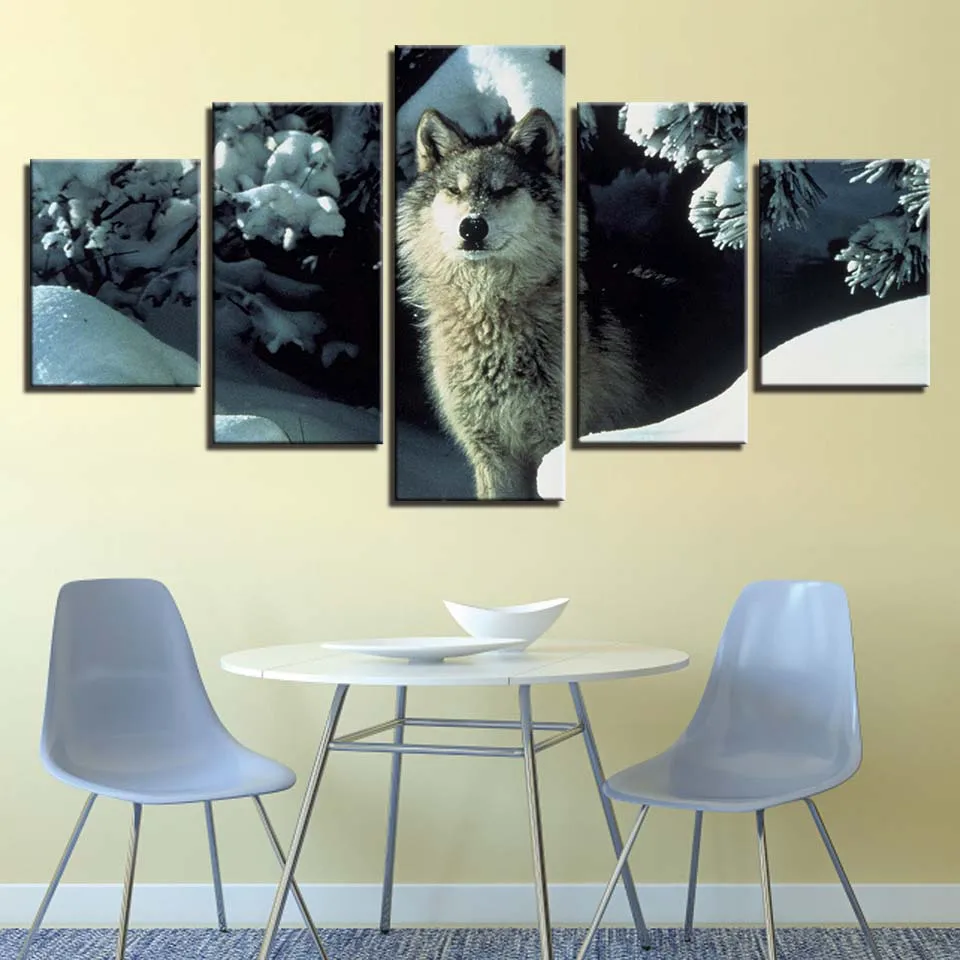 Home Decor HD Canvas Cuadros Living Room Frames 5 Panel Wolf Snow Landscape Printed Painting Wall Art Modular Poster Pictures | Дом и сад