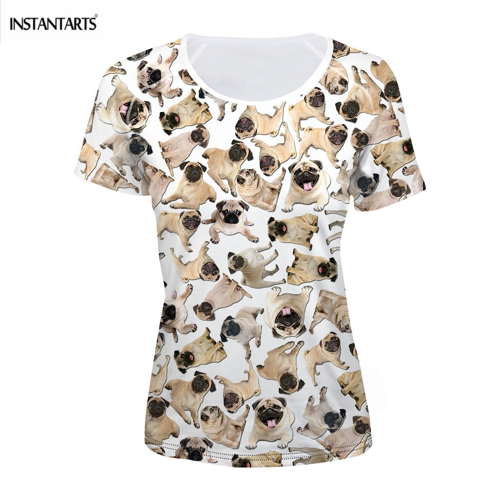 

INSTANTARTS Cute 3D Animal Pug Dog/Puppy Print T Shirts Woman Casual Summer T-shirts for Teen Girls Female Short Sleeve Top Tees